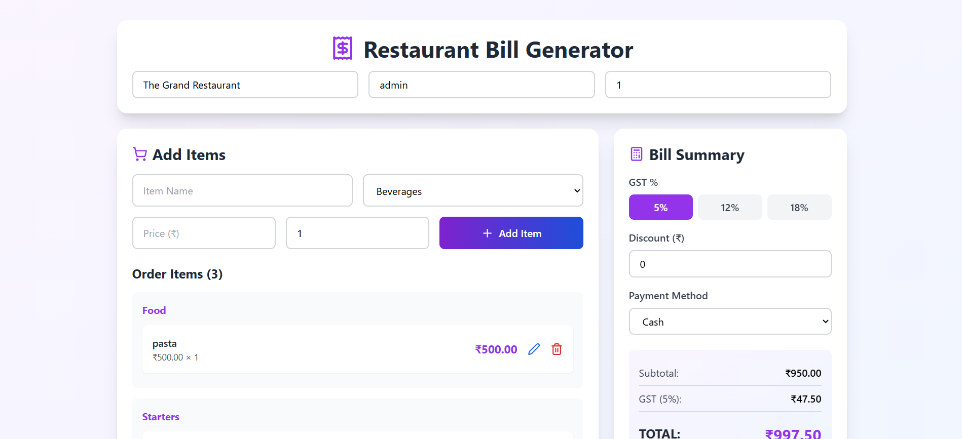Restaurant Bill Generator System