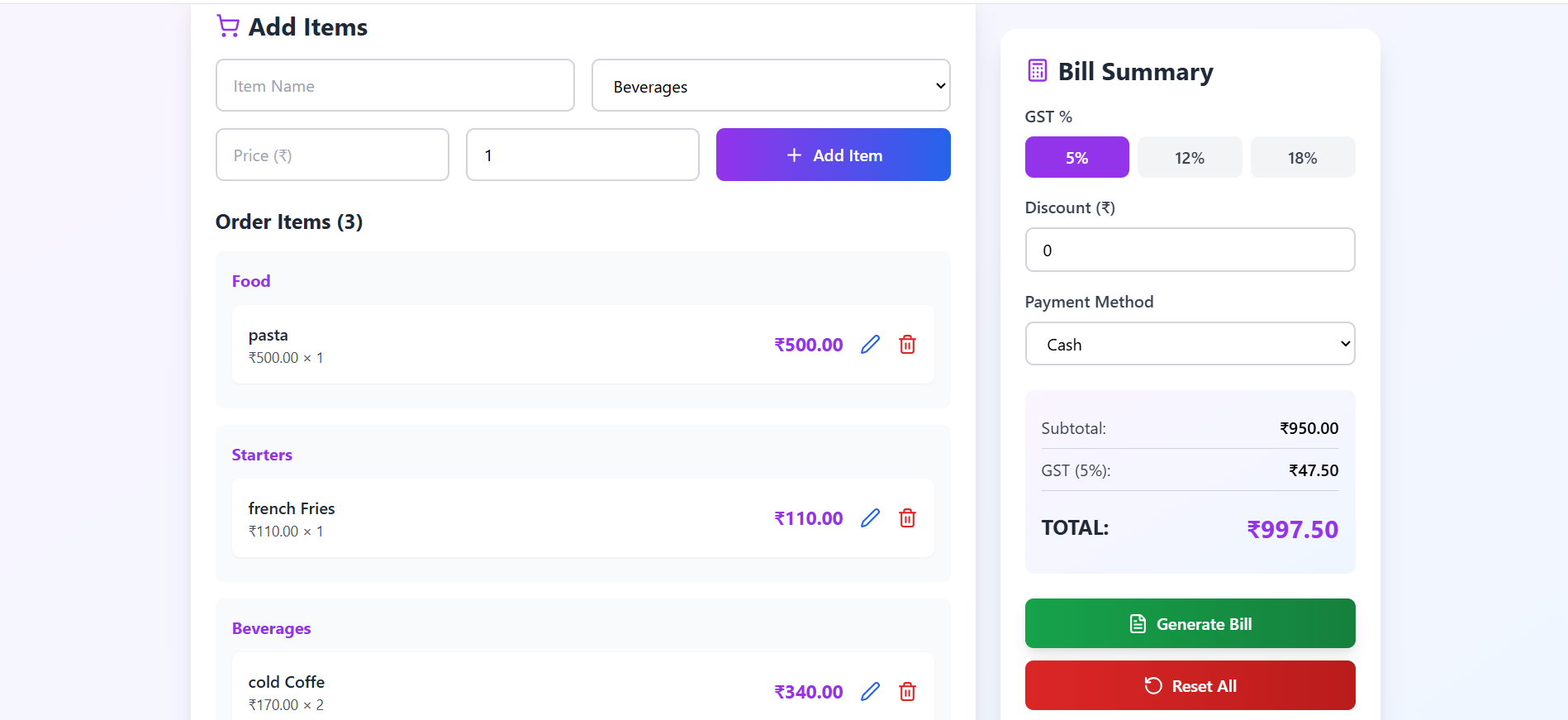Restaurant Bill Generator System