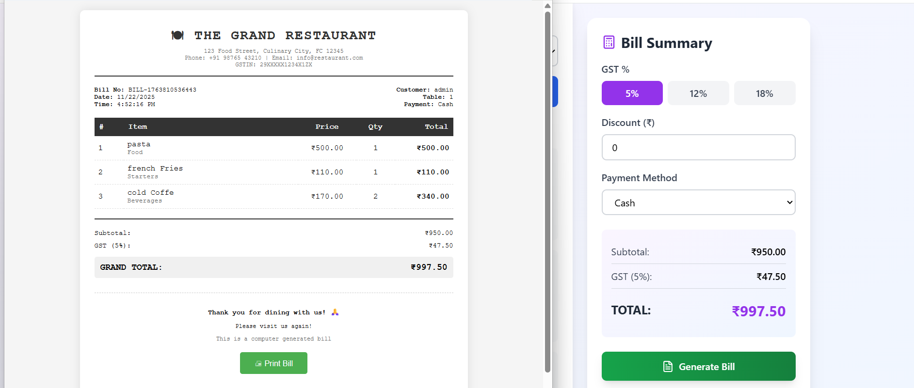 Restaurant Bill Generator System