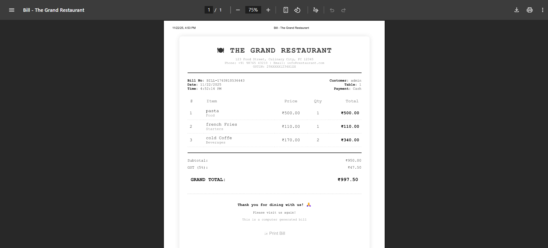 Restaurant Bill Generator System