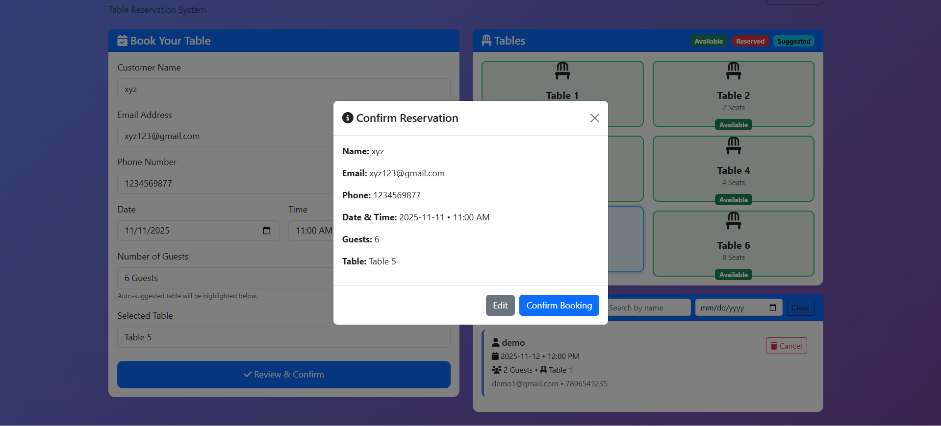 Table Booking Confirm Reservation